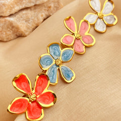 Anillos abiertos de acero inoxidable 304 con esmalte chapado en oro de 18 quilates, estilo retro, informal, sencillo, con flores, venta al por mayor 