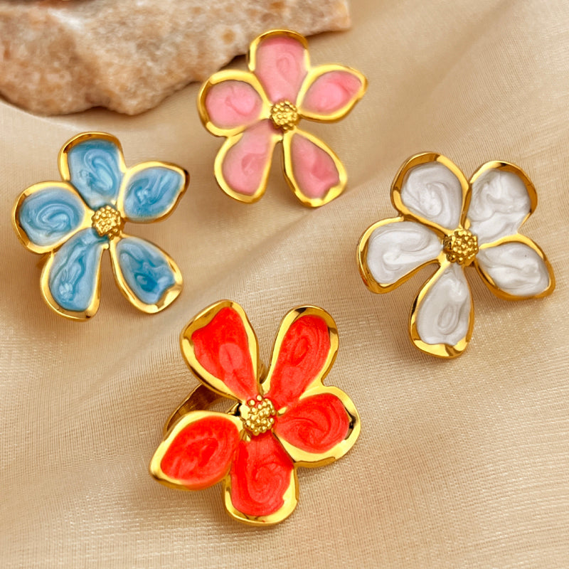 Anillos abiertos de acero inoxidable 304 con esmalte chapado en oro de 18 quilates, estilo retro, informal, sencillo, con flores, venta al por mayor 