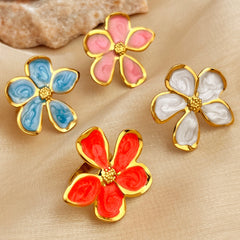 Anillos abiertos de acero inoxidable 304 con esmalte chapado en oro de 18 quilates, estilo retro, informal, sencillo, con flores, venta al por mayor 