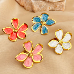Anillos abiertos de acero inoxidable 304 con esmalte chapado en oro de 18 quilates, estilo retro, informal, sencillo, con flores, venta al por mayor 