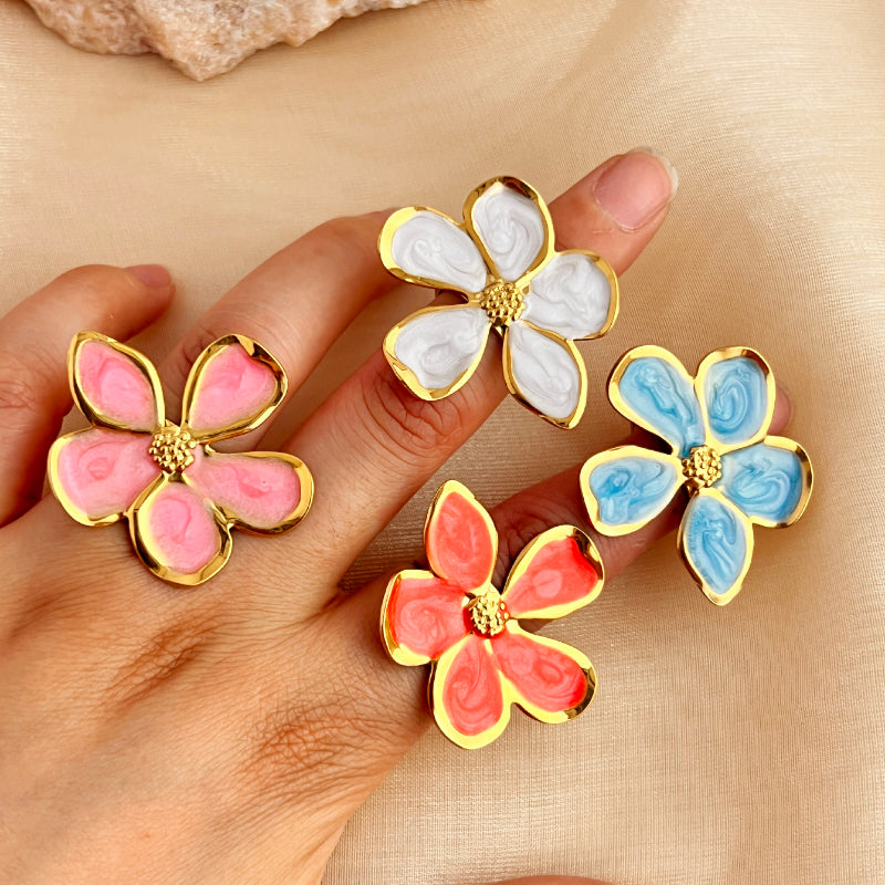 Anillos abiertos de acero inoxidable 304 con esmalte chapado en oro de 18 quilates, estilo retro, informal, sencillo, con flores, venta al por mayor 
