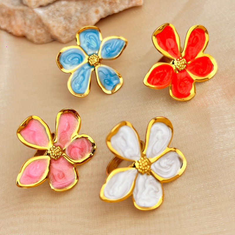 Anillos abiertos de acero inoxidable 304 con esmalte chapado en oro de 18 quilates, estilo retro, informal, sencillo, con flores, venta al por mayor 