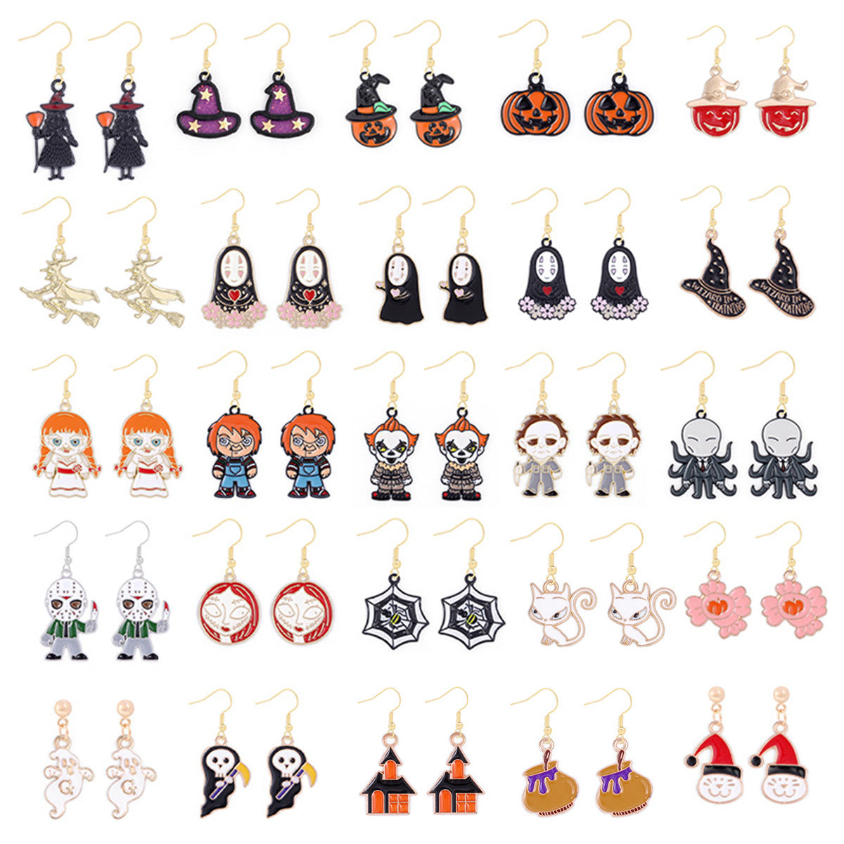 1 par de pendientes colgantes de aleación de zinc con diseño divertido y genial de calabaza, telaraña, fantasma y esmalte.