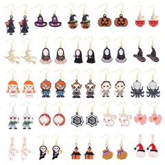 1 par de pendientes colgantes de aleación de zinc con diseño divertido y genial de calabaza, telaraña, fantasma y esmalte.