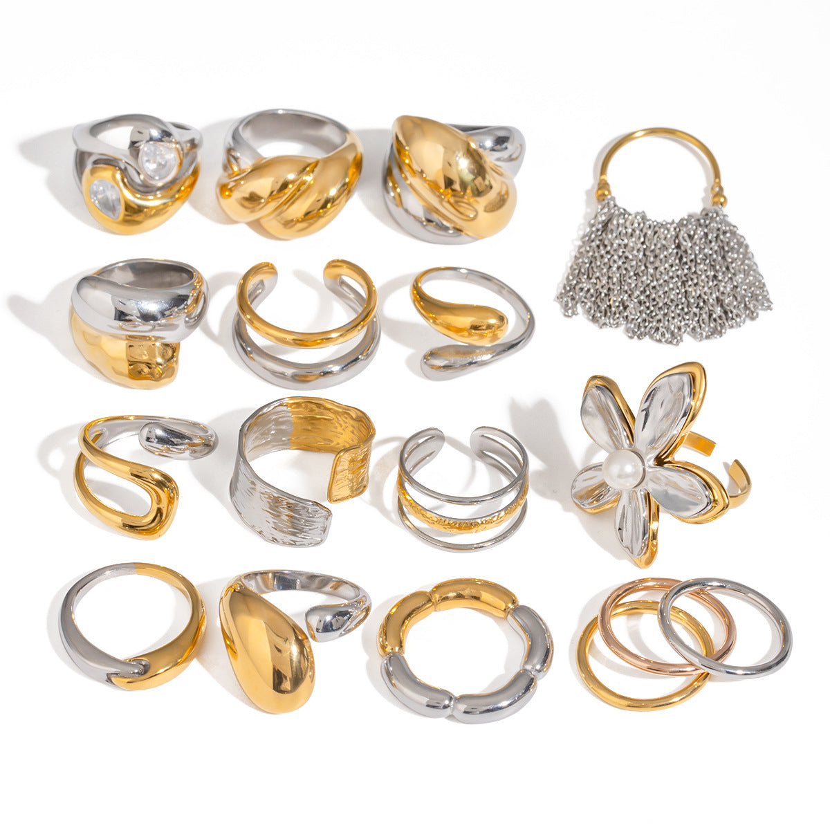 Anillos abiertos chapados en acero inoxidable 304 con diseño geométrico clásico, estilo glamuroso y sencillo.