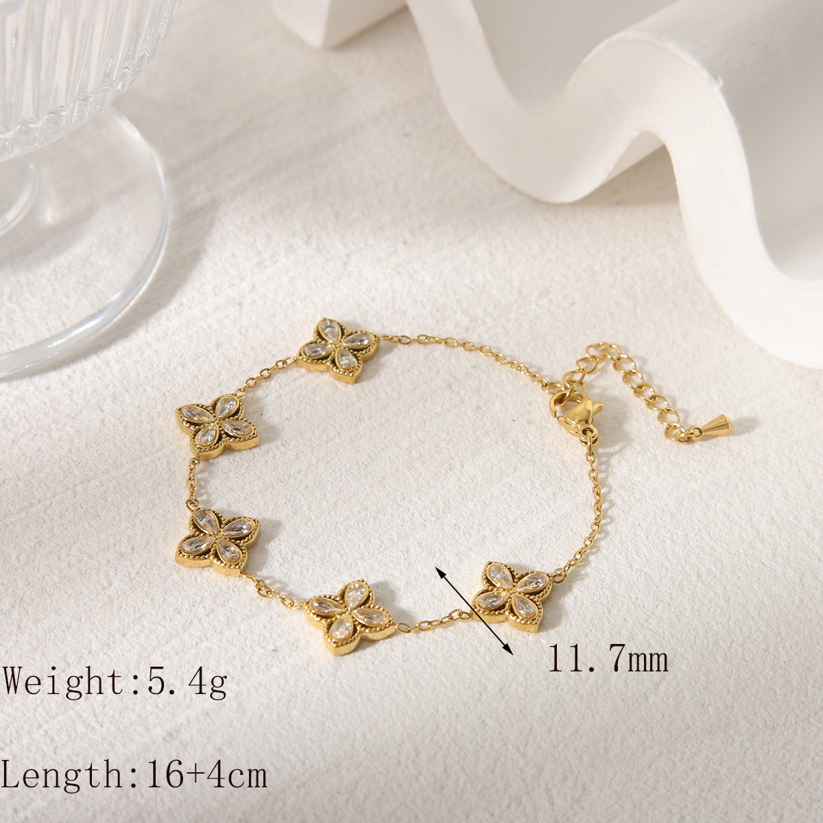 Pulseras de acero inoxidable 304 con circonita acrílica bañadas en oro de 18 quilates, estilo clásico, con diseño de flor de viaje, a granel.