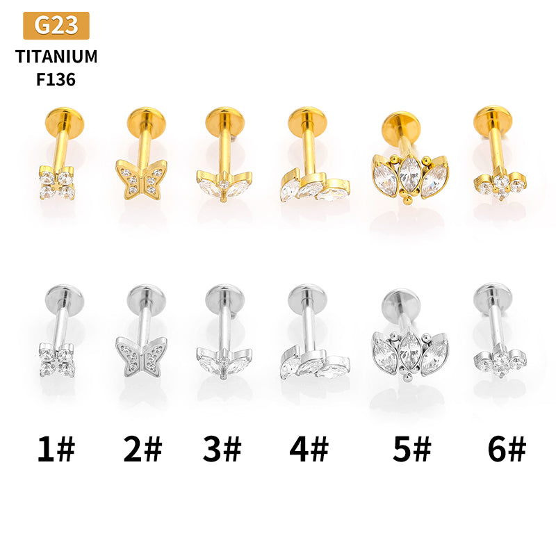 Anillos para labios de estilo simple con forma de mariposa, con incrustaciones de acero de titanio y circonita, chapados en oro de 18 quilates, para cartílago de la oreja. 