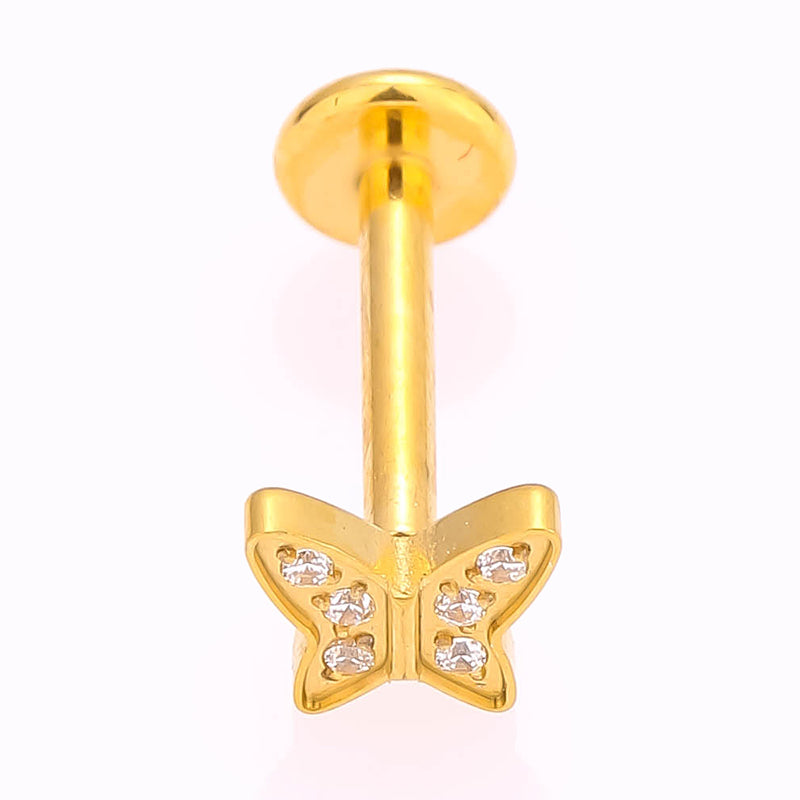 Anillos para labios de estilo simple con forma de mariposa, con incrustaciones de acero de titanio y circonita, chapados en oro de 18 quilates, para cartílago de la oreja. 