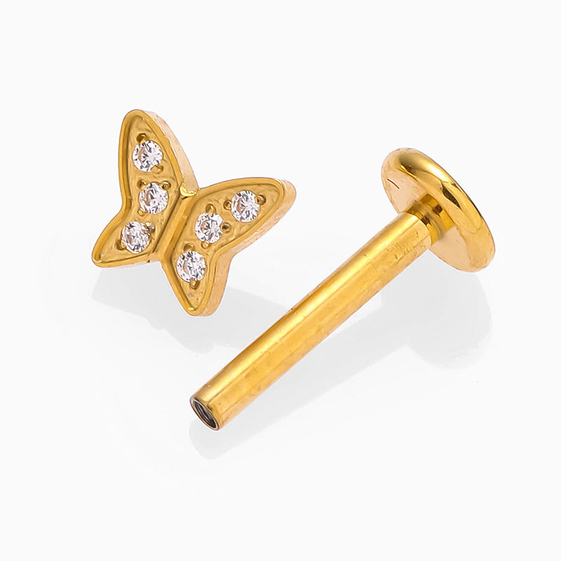 Anillos para labios de estilo simple con forma de mariposa, con incrustaciones de acero de titanio y circonita, chapados en oro de 18 quilates, para cartílago de la oreja. 