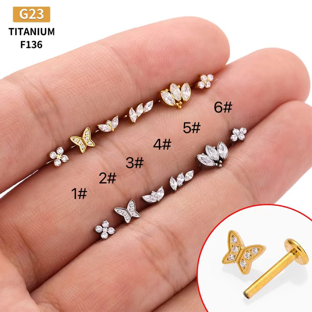 Anillos para labios de estilo simple con forma de mariposa, con incrustaciones de acero de titanio y circonita, chapados en oro de 18 quilates, para cartílago de la oreja. 