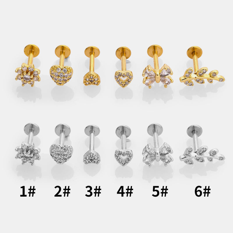 Anillos para labios de estilo simple con forma de corazón, hojas y flores, de acero inoxidable 316L con incrustaciones de circonitas, chapados en oro de 18 quilates, para cartílago de la oreja. 