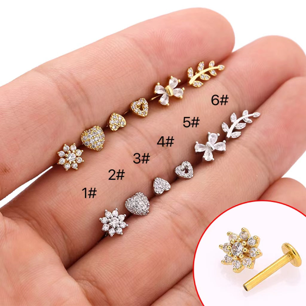 Anillos para labios de estilo simple con forma de corazón, hojas y flores, de acero inoxidable 316L con incrustaciones de circonitas, chapados en oro de 18 quilates, para cartílago de la oreja. 