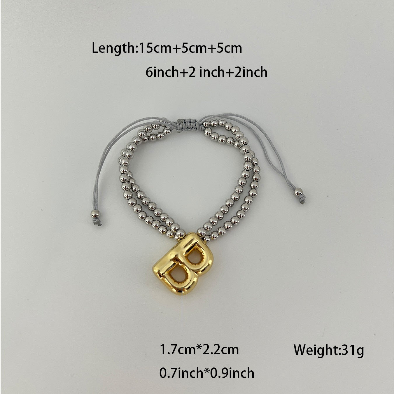 Pulseras de cordón con letras y cuentas de latón chapado en oro de 18 quilates