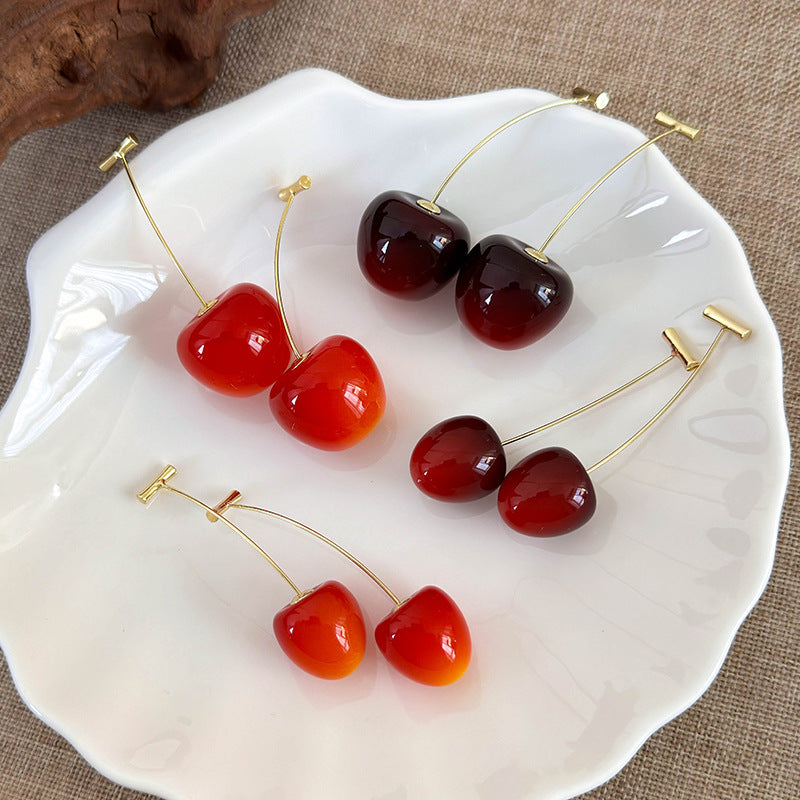 1 par de pendientes colgantes de resina de cereza de estilo simple y lindo