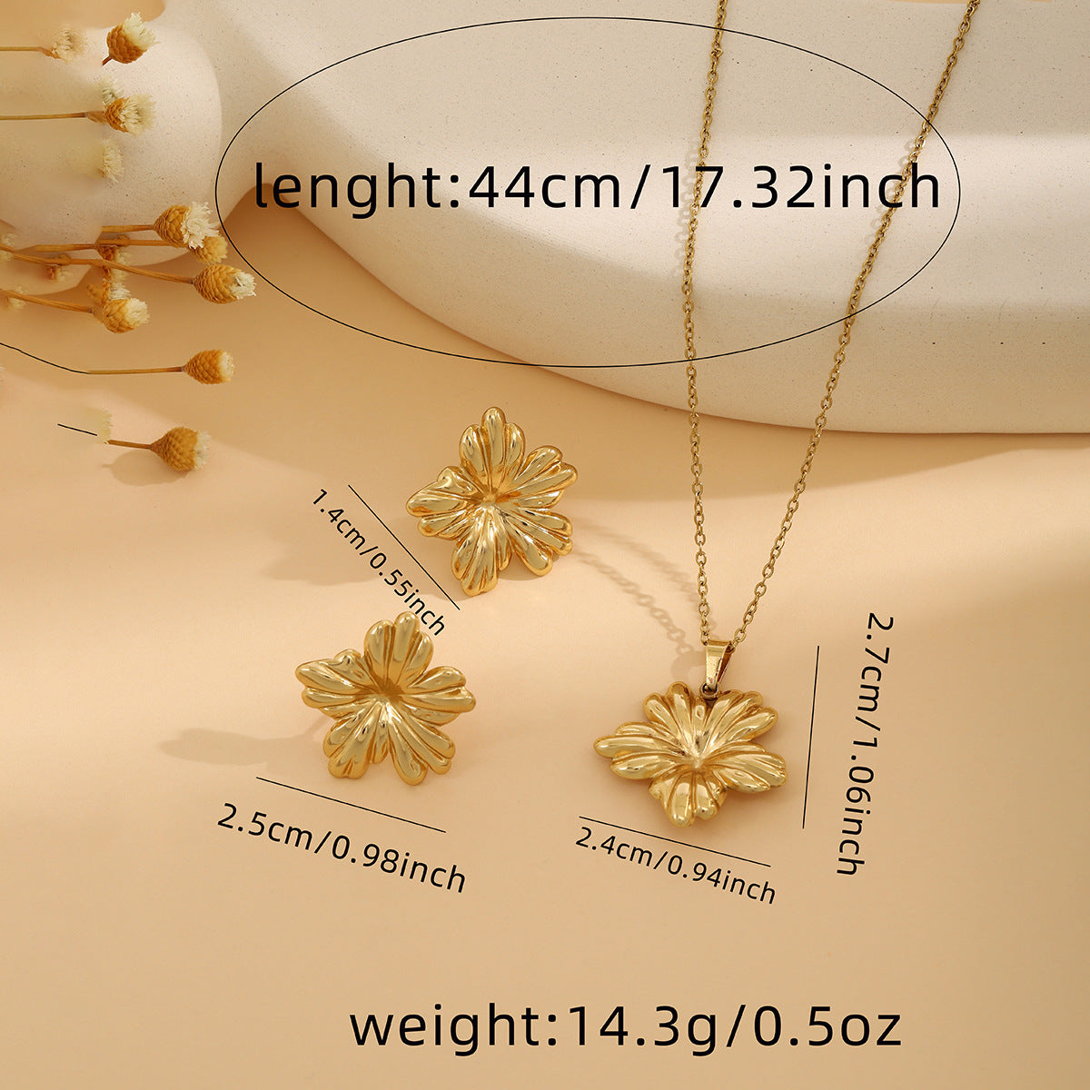 Conjunto de joyería elegante de acero inoxidable chapado en forma de corazón, geométrico, retro, con flores, venta al por mayor