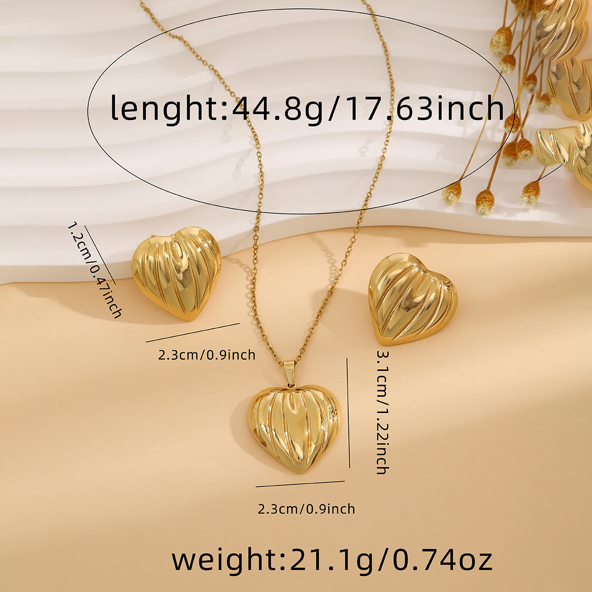 Conjunto de joyería elegante de acero inoxidable chapado en forma de corazón, geométrico, retro, con flores, venta al por mayor