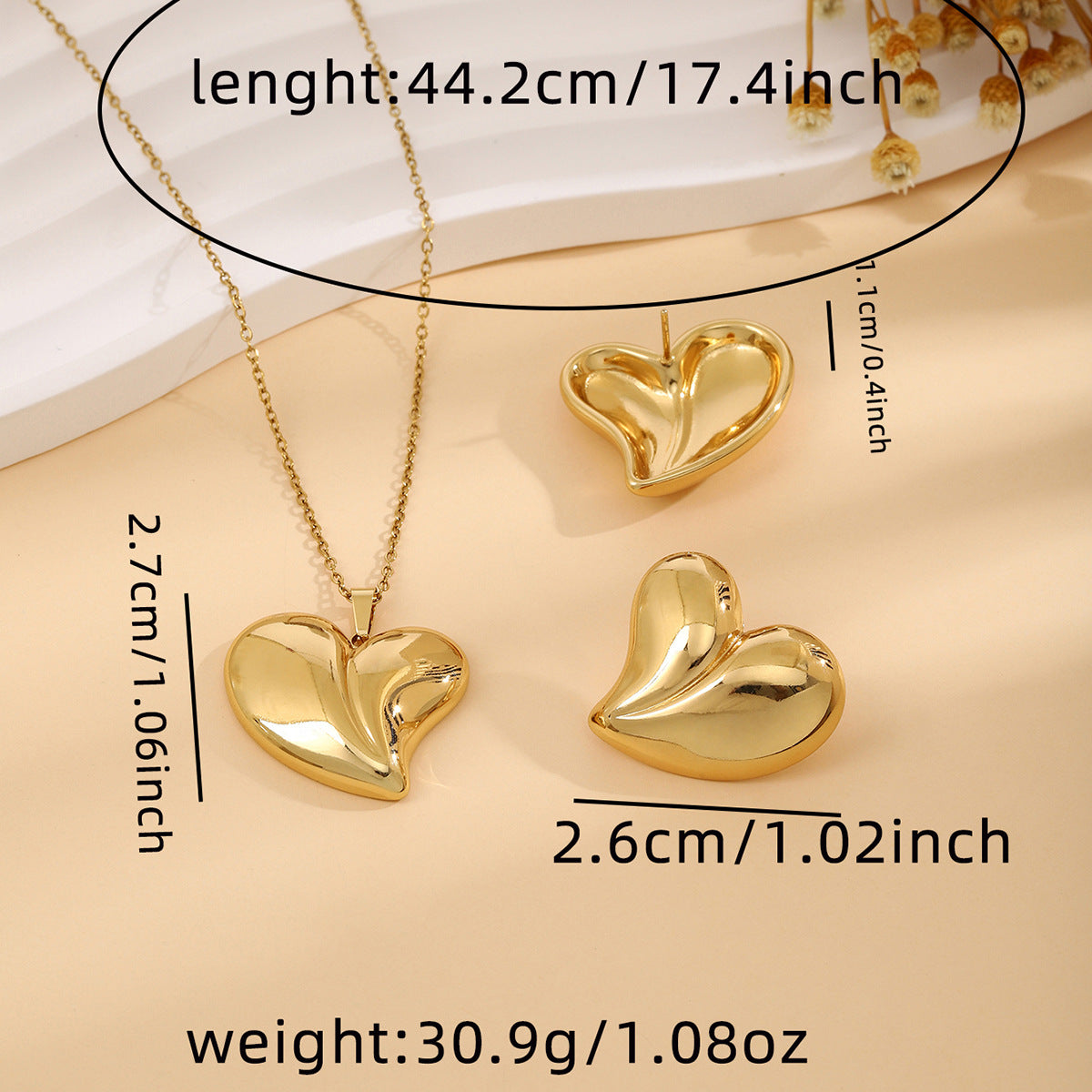 Conjunto de joyería elegante de acero inoxidable chapado en forma de corazón, geométrico, retro, con flores, venta al por mayor