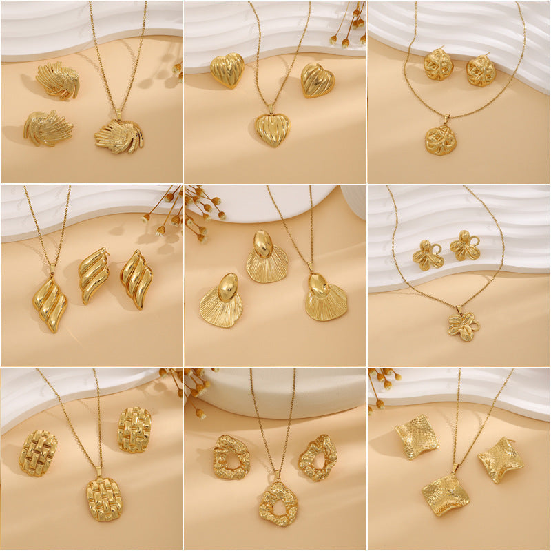 Conjunto de joyería elegante de acero inoxidable chapado en forma de corazón, geométrico, retro, con flores, venta al por mayor