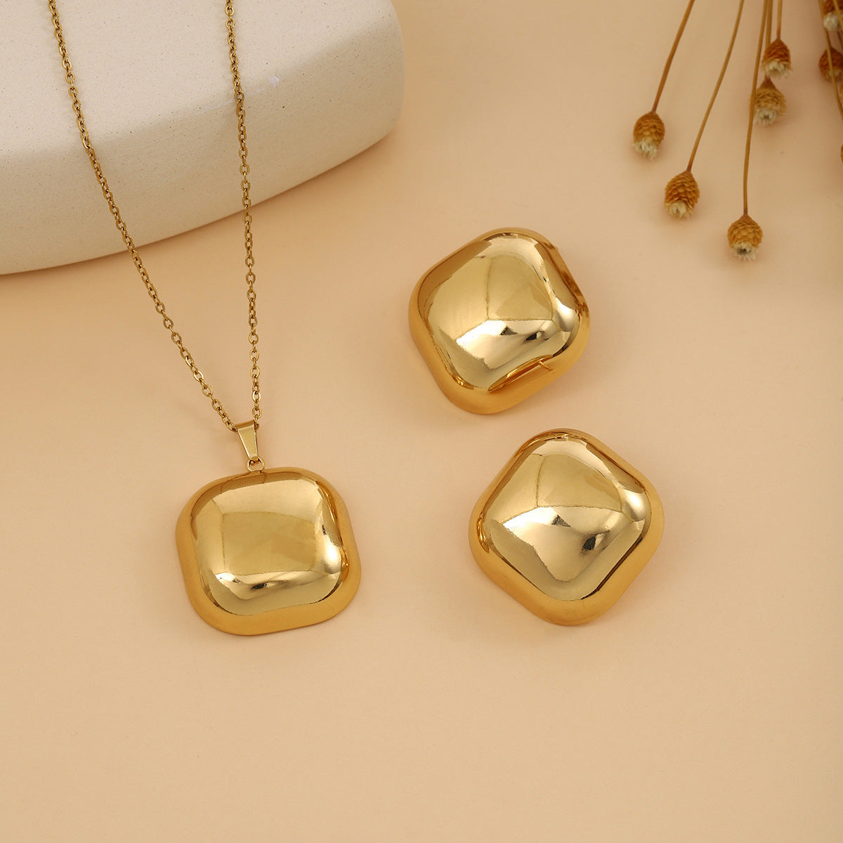 Conjunto de joyería elegante de acero inoxidable chapado en forma de corazón, geométrico, retro, con flores, venta al por mayor