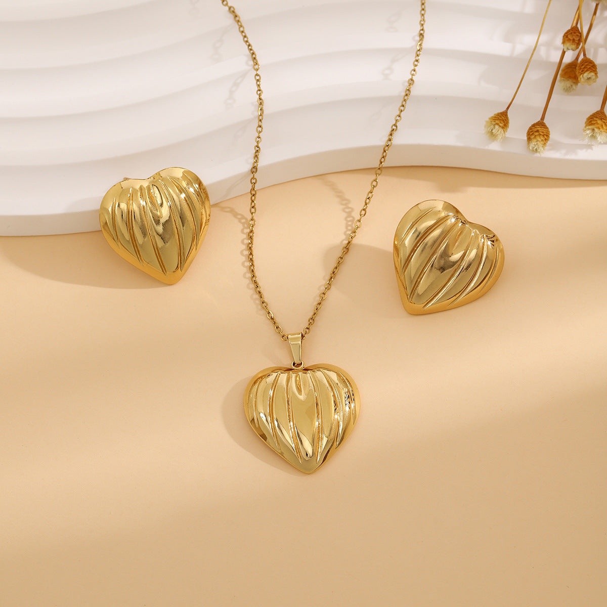 Conjunto de joyería elegante de acero inoxidable chapado en forma de corazón, geométrico, retro, con flores, venta al por mayor