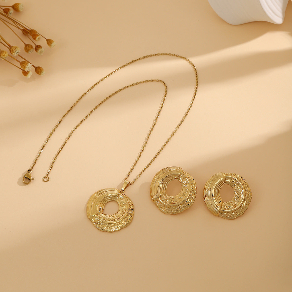 Conjunto de joyería elegante de acero inoxidable chapado en forma de corazón, geométrico, retro, con flores, venta al por mayor