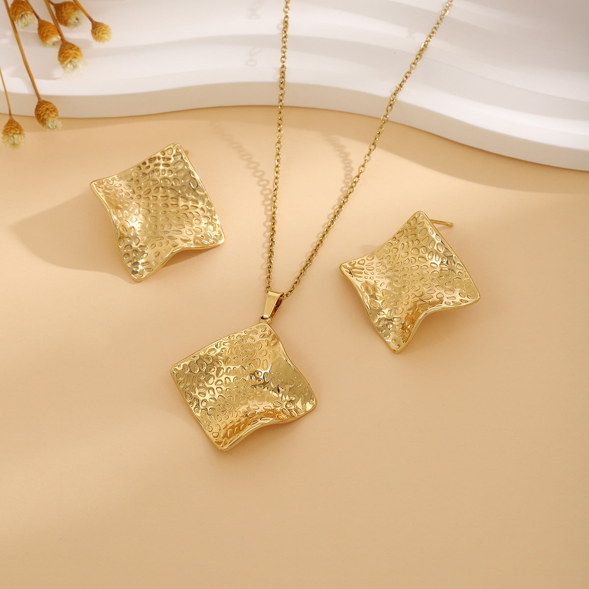 Conjunto de joyería elegante de acero inoxidable chapado en forma de corazón, geométrico, retro, con flores, venta al por mayor
