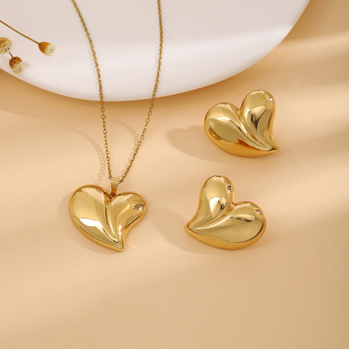 Conjunto de joyería elegante de acero inoxidable chapado en forma de corazón, geométrico, retro, con flores, venta al por mayor