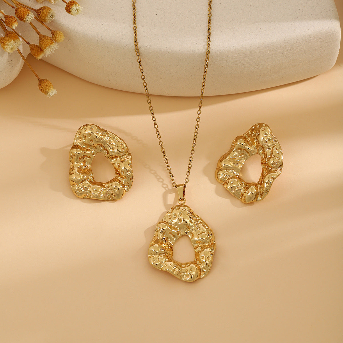 Conjunto de joyería elegante de acero inoxidable chapado en forma de corazón, geométrico, retro, con flores, venta al por mayor