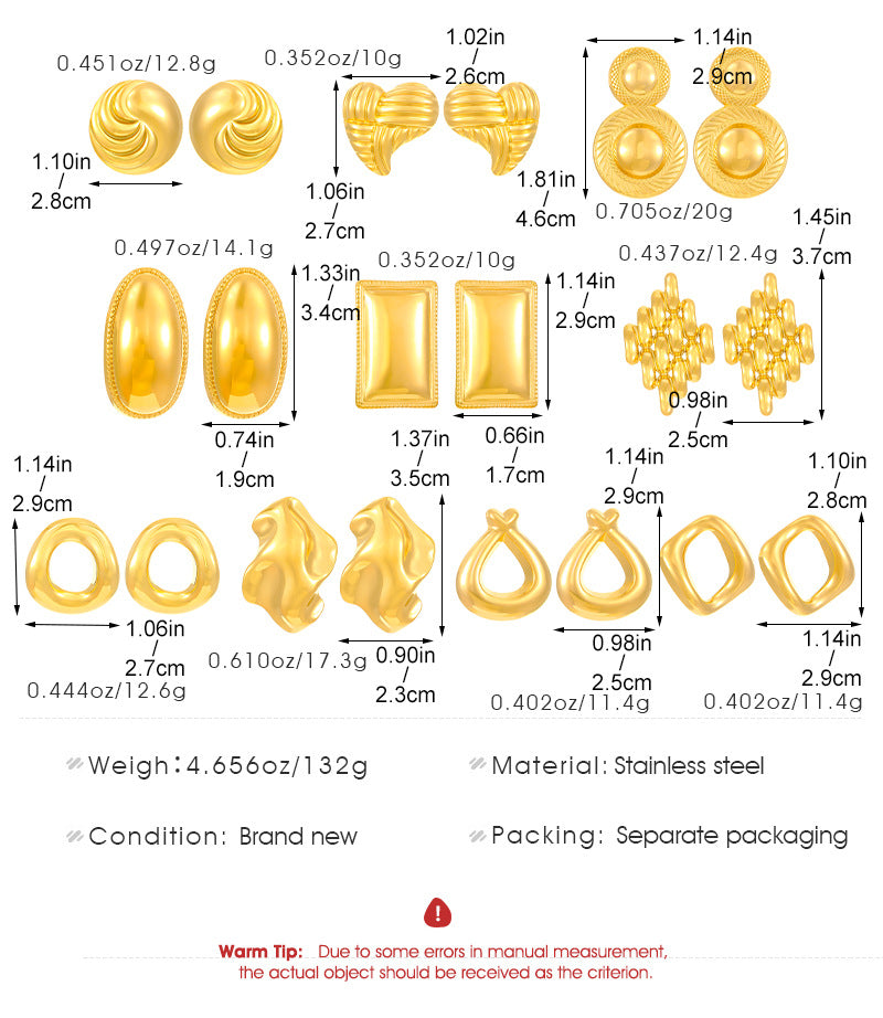 1 par de pendientes de acero inoxidable 304 chapados en oro de 18 quilates, estilo retro, simple, clásico, geométricos.