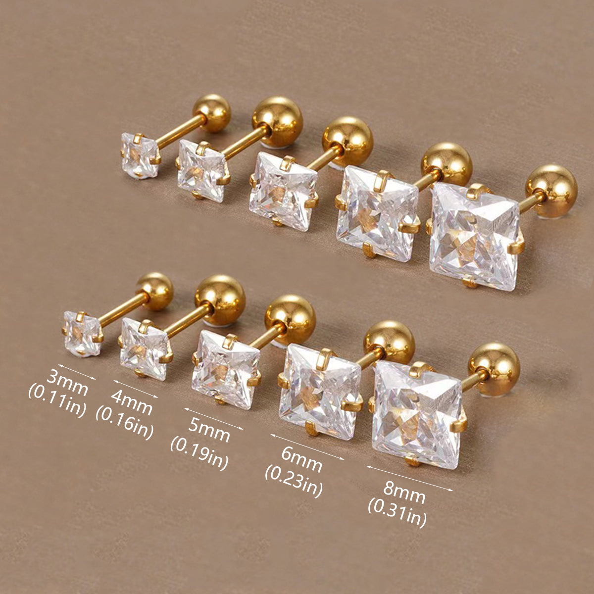 1 par de aretes de acero inoxidable 304 con incrustaciones cuadradas de estilo simple y circonitas chapadas en oro de 18 quilates. 