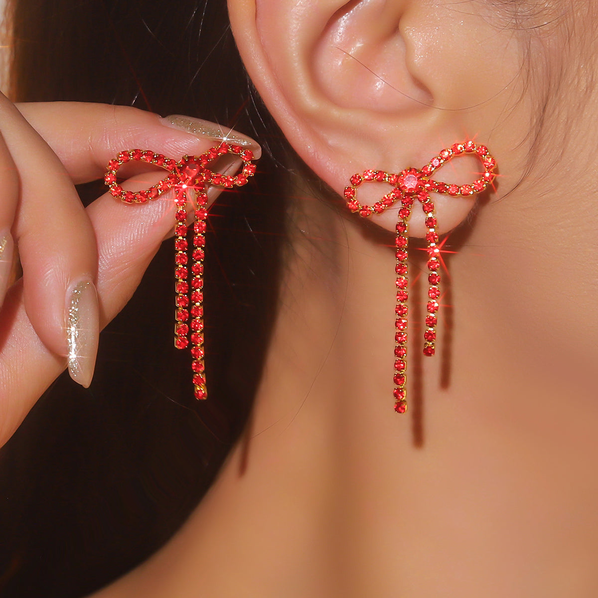 1 Pair Glam Lady Bow Knot Rhinestone Copper Ear Studs