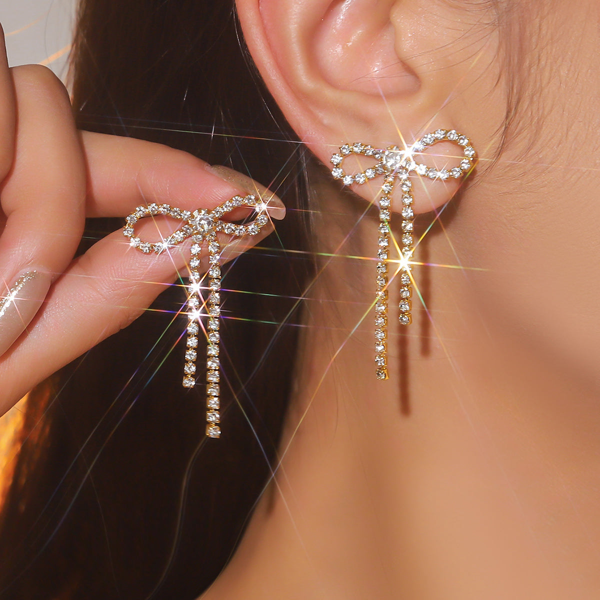 1 Pair Glam Lady Bow Knot Rhinestone Copper Ear Studs