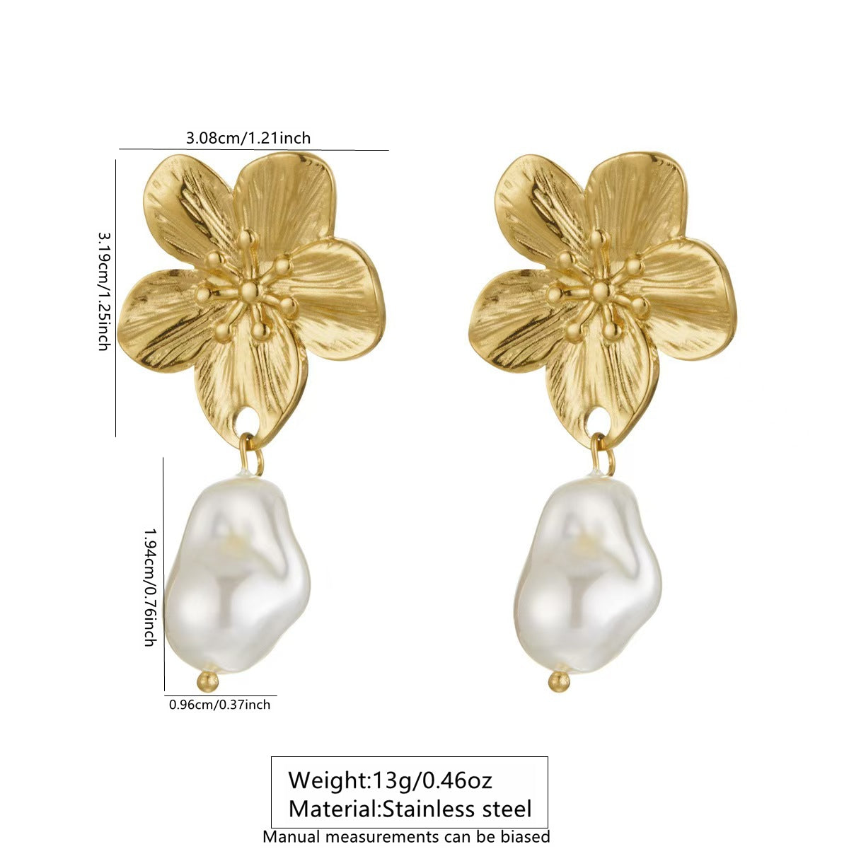 1 par de pendientes de acero inoxidable 304 con diseño de flores pastorales exageradas y imitación de oro.