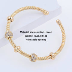 Brazalete de acero inoxidable 304 con circonitas chapadas en oro de 18 quilates, estilo hip-hop punk, con forma de U y raya espiral, disponible al por mayor.