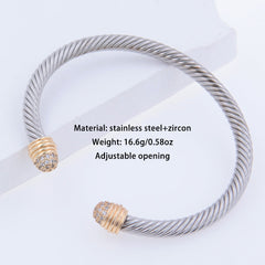 Brazalete de acero inoxidable 304 con circonitas chapadas en oro de 18 quilates, estilo hip-hop punk, con forma de U y raya espiral, disponible al por mayor.