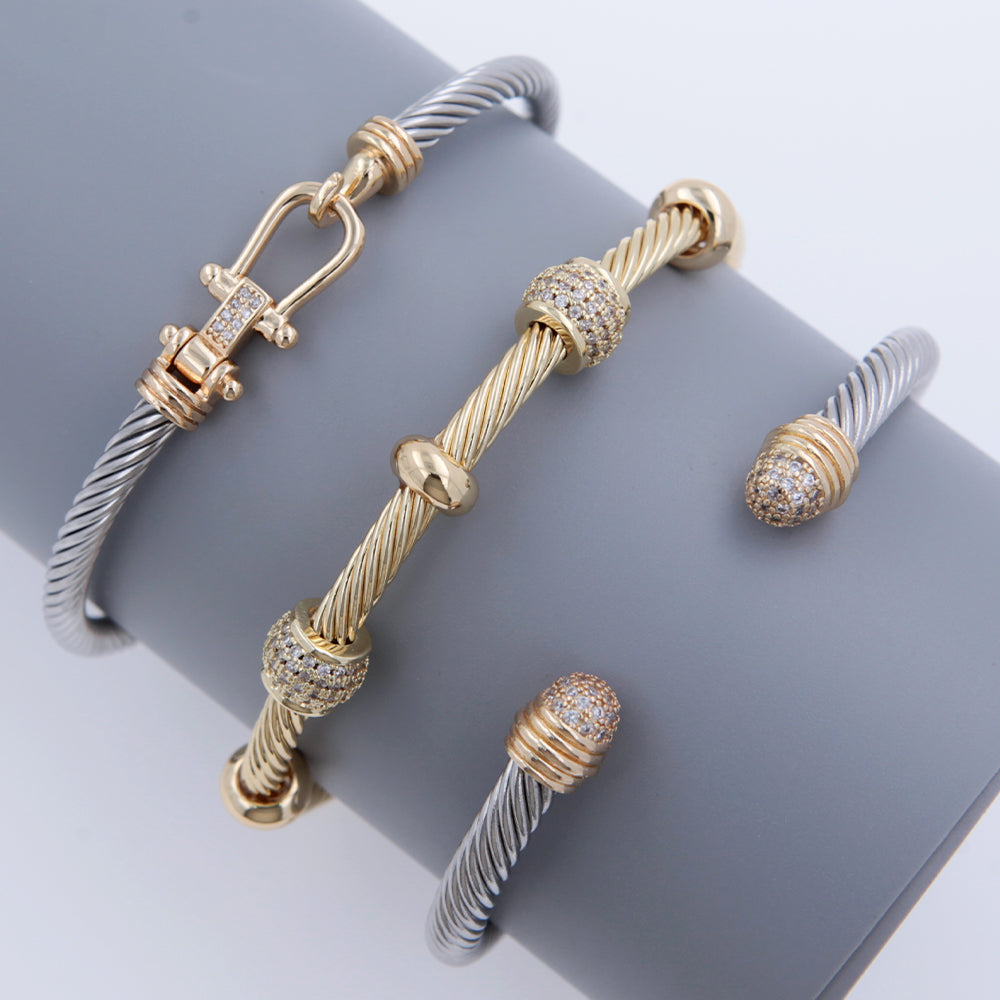 Brazalete de acero inoxidable 304 con circonitas chapadas en oro de 18 quilates, estilo hip-hop punk, con forma de U y raya espiral, disponible al por mayor.