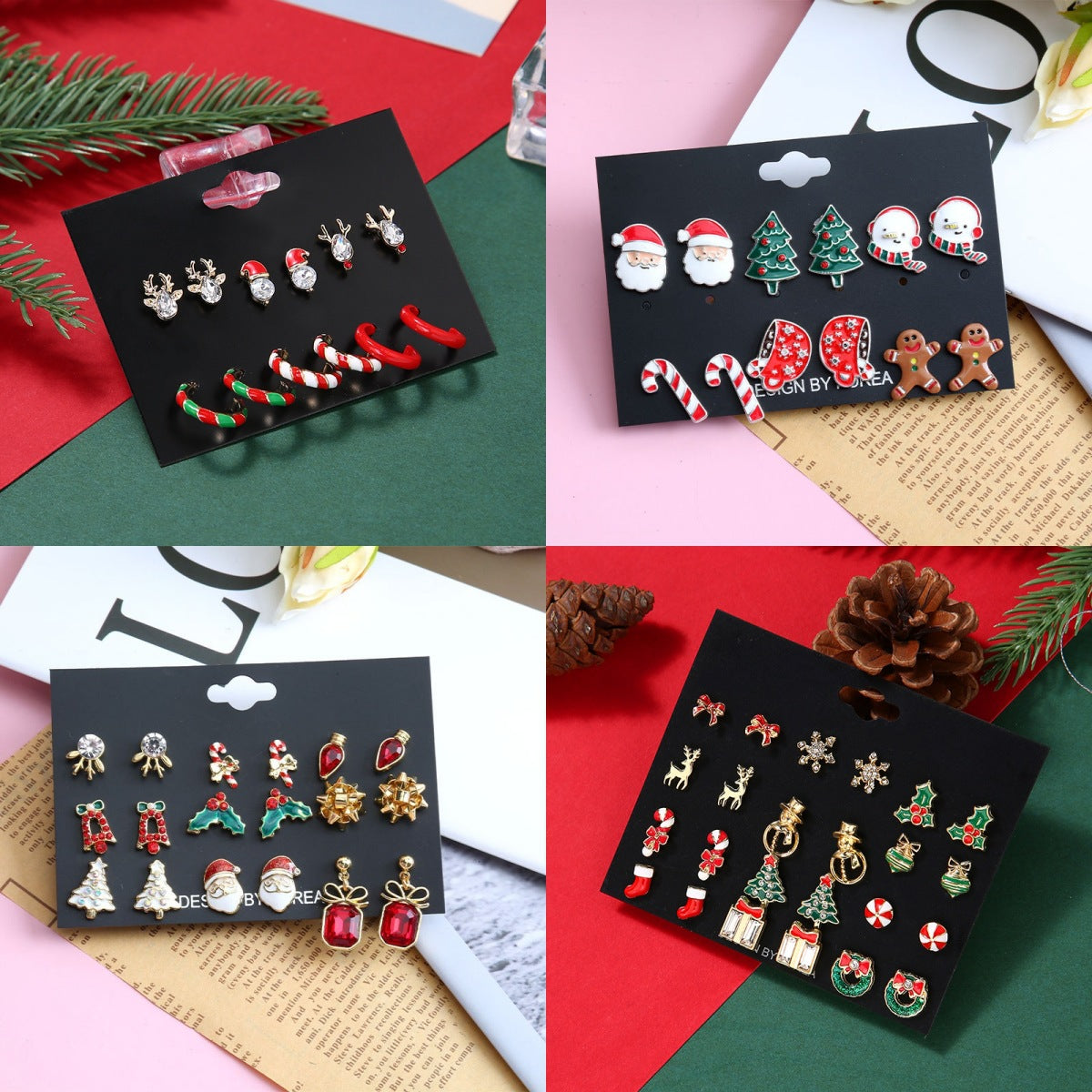1 juego de pendientes colgantes de aleación con incrustaciones de esmalte, diseño de árbol de Navidad, Papá Noel, jengibre y pedrería. 