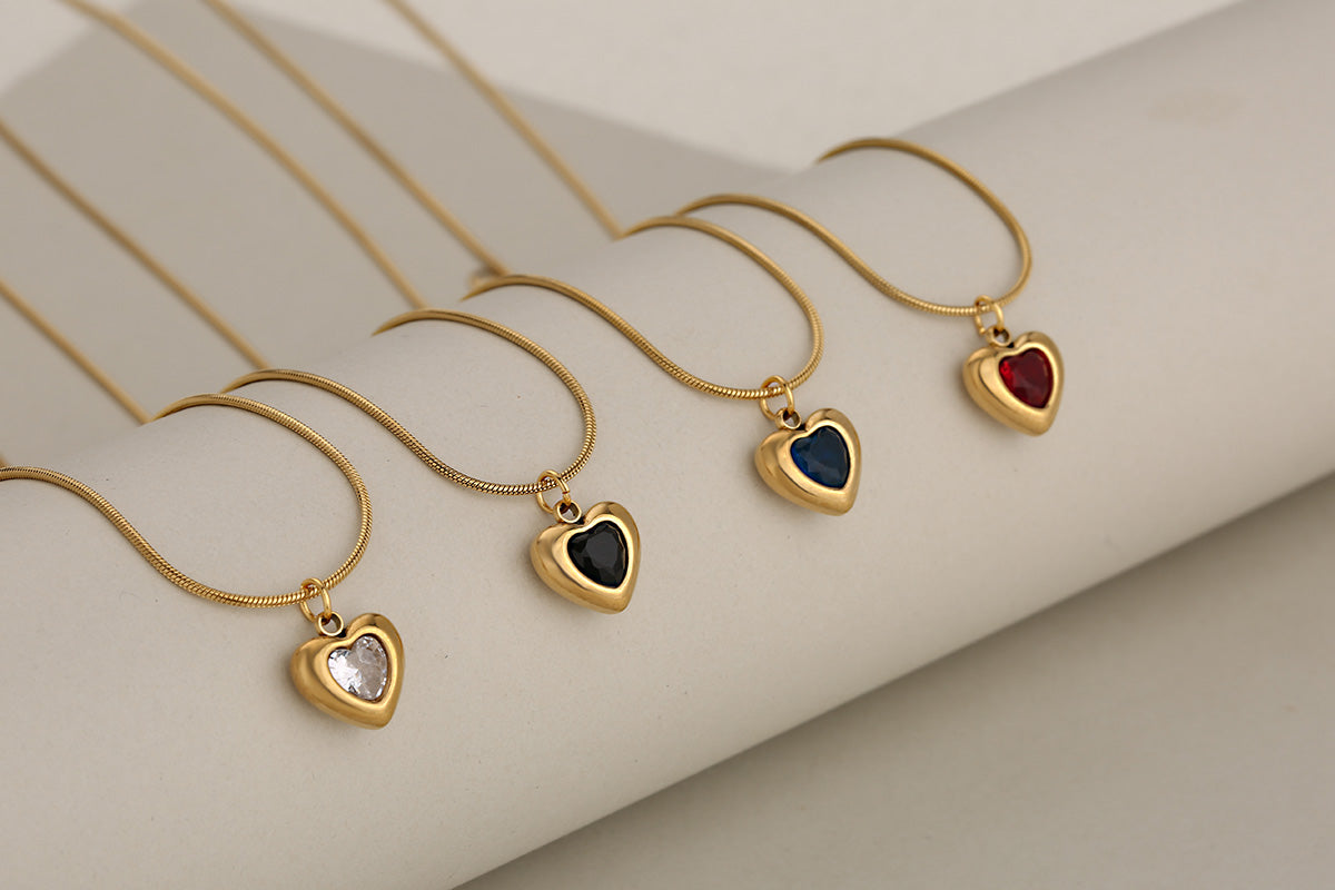 Joyería al por mayor, collares de acero inoxidable 304 con incrustaciones de circonitas, estilo clásico, forma de corazón, princesa 