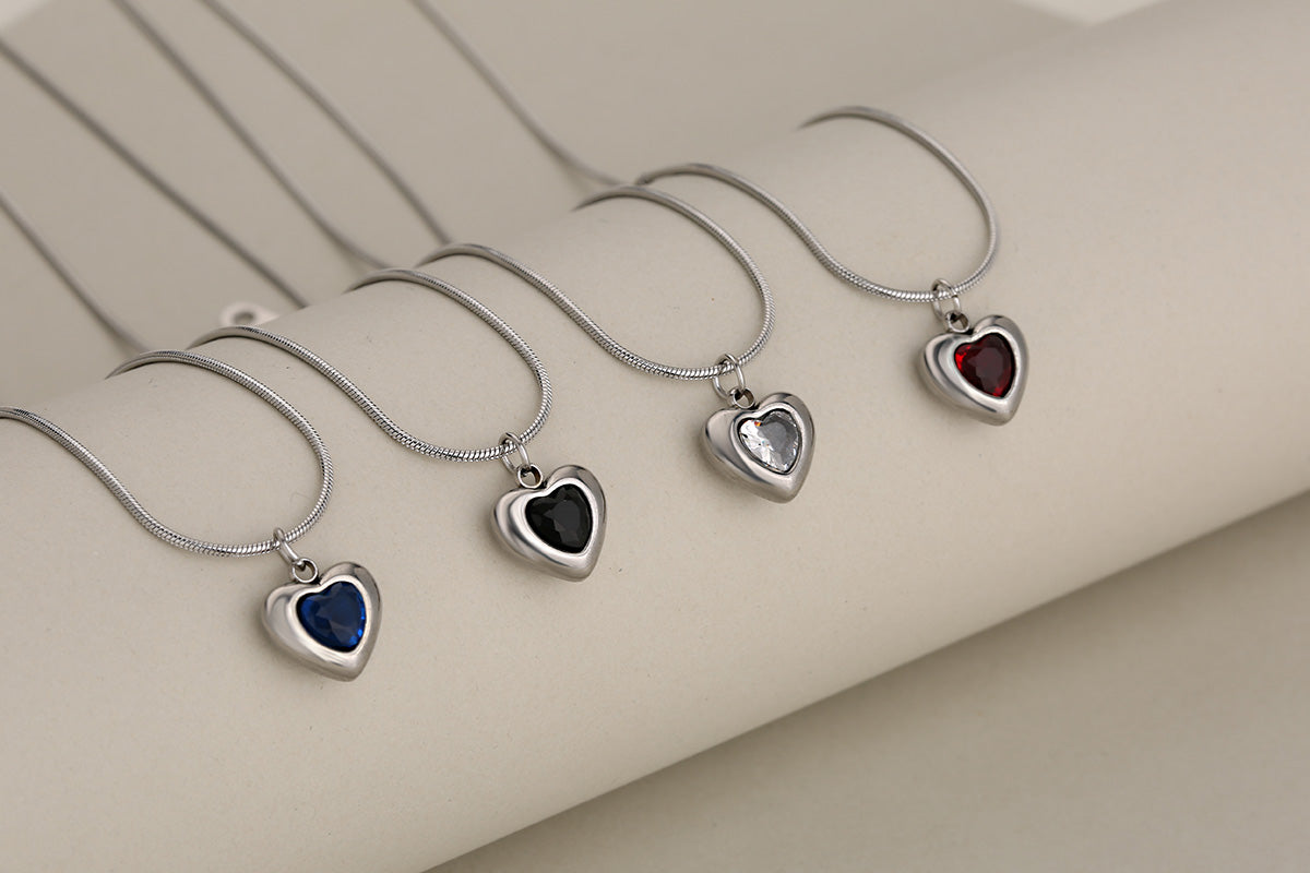 Joyería al por mayor, collares de acero inoxidable 304 con incrustaciones de circonitas, estilo clásico, forma de corazón, princesa 