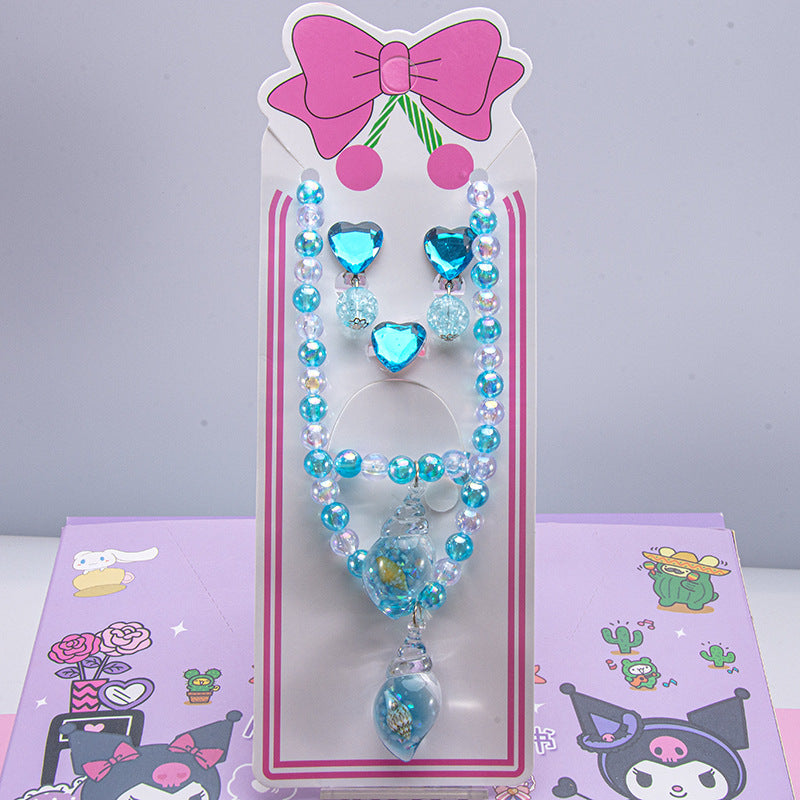 Conjunto de joyería de dibujos animados para niños, collar de perlas hecho a mano, pulsera, anillo, concha, cola de pez, unicornio 