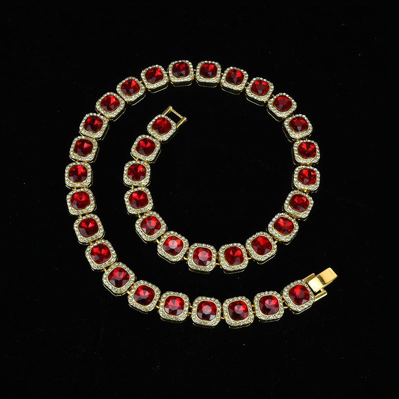Collar de mano cubana de vidrio cuadrado de 12 mm para hombre, cadena de azúcar de roca, tendencia hip hop, aleación transfronteriza para hombre 