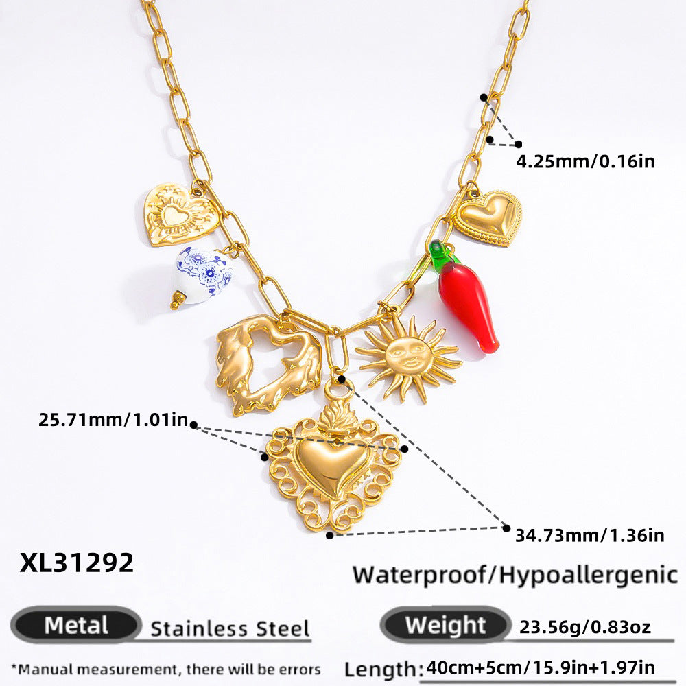 Collar con colgante de acero de titanio chapado en forma de corazón con lazo y ojo de diablo de estilo clásico, joyería al por mayor 