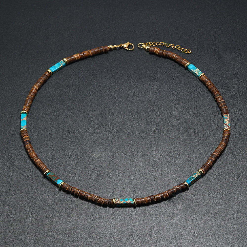 Collar corto con cuentas de madera de concha de coco bohemio para hombre, con tiras apiladas y cuentas turquesas, cadena de clavícula.