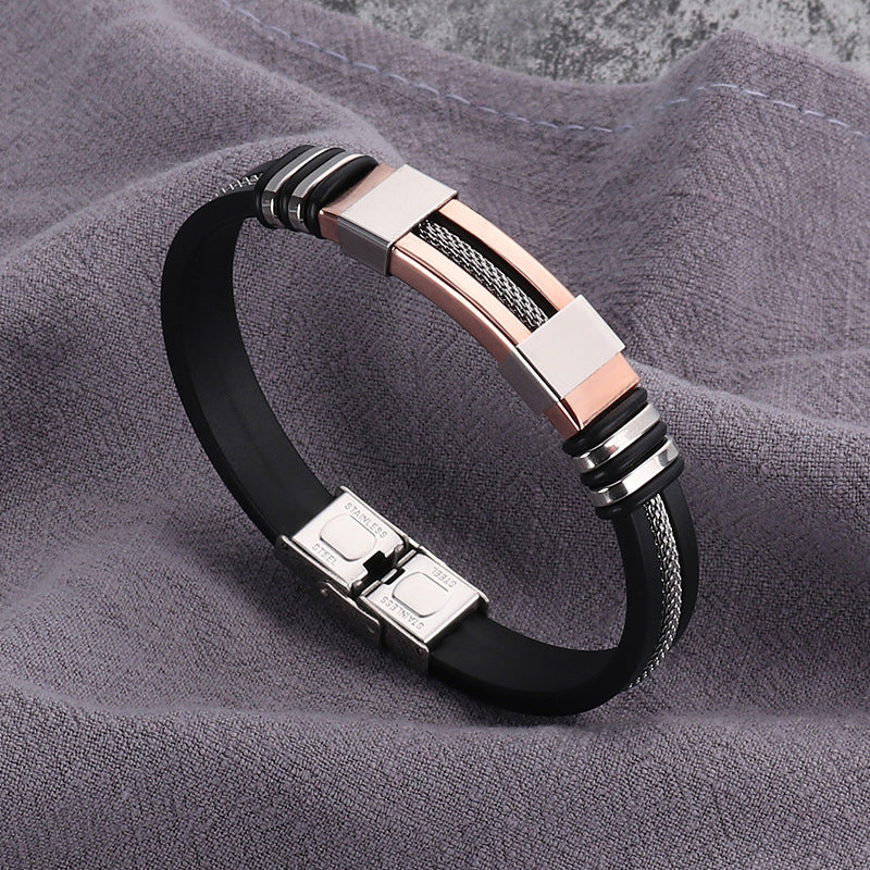 Pulsera de hip-hop para hombre de acero titanio y silicona, pulsera de acero inoxidable estilo punk 