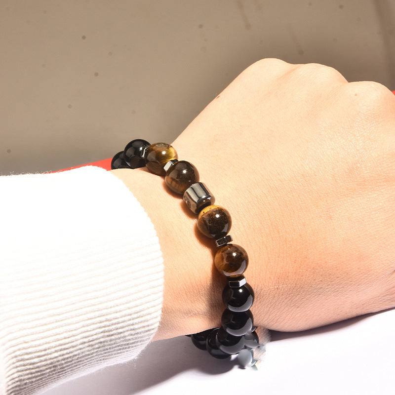 Pulsera de acero inoxidable con cuentas negras de obsidiana y ojo de tigre para hombre