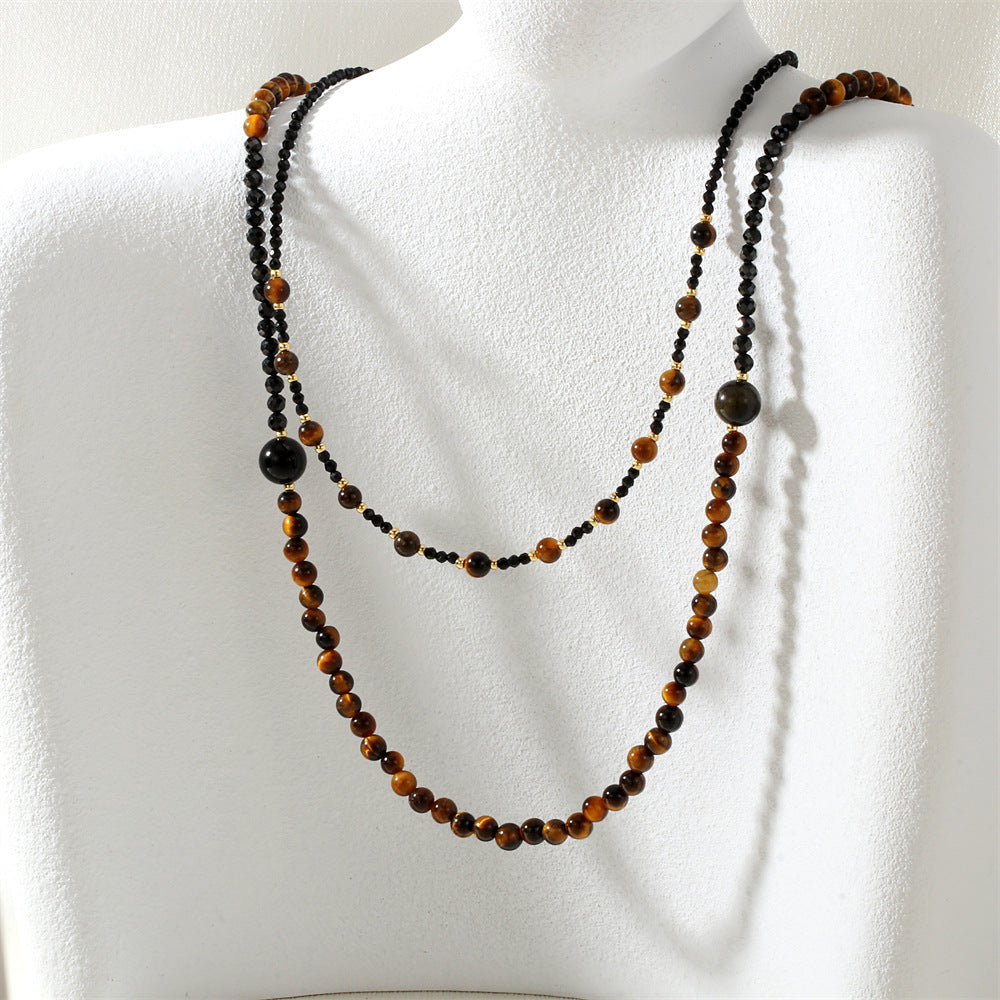 Collar de perlas de moda, collar literario con cuentas de piedra de ojo de tigre en tono Maillard nicho de moda 