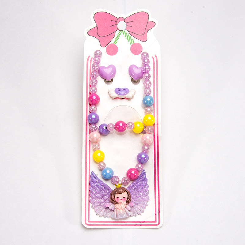 Conjunto de joyería de dibujos animados para niños, collar de perlas hecho a mano, pulsera, anillo, concha, cola de pez, unicornio 