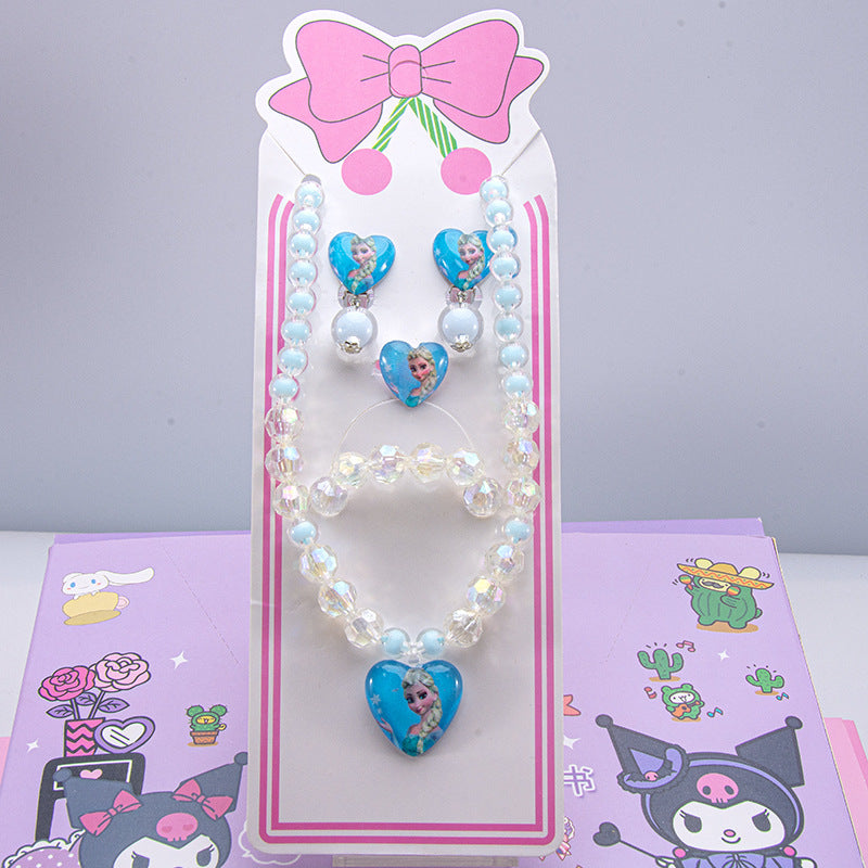Conjunto de joyería de dibujos animados para niños, collar de perlas hecho a mano, pulsera, anillo, concha, cola de pez, unicornio 