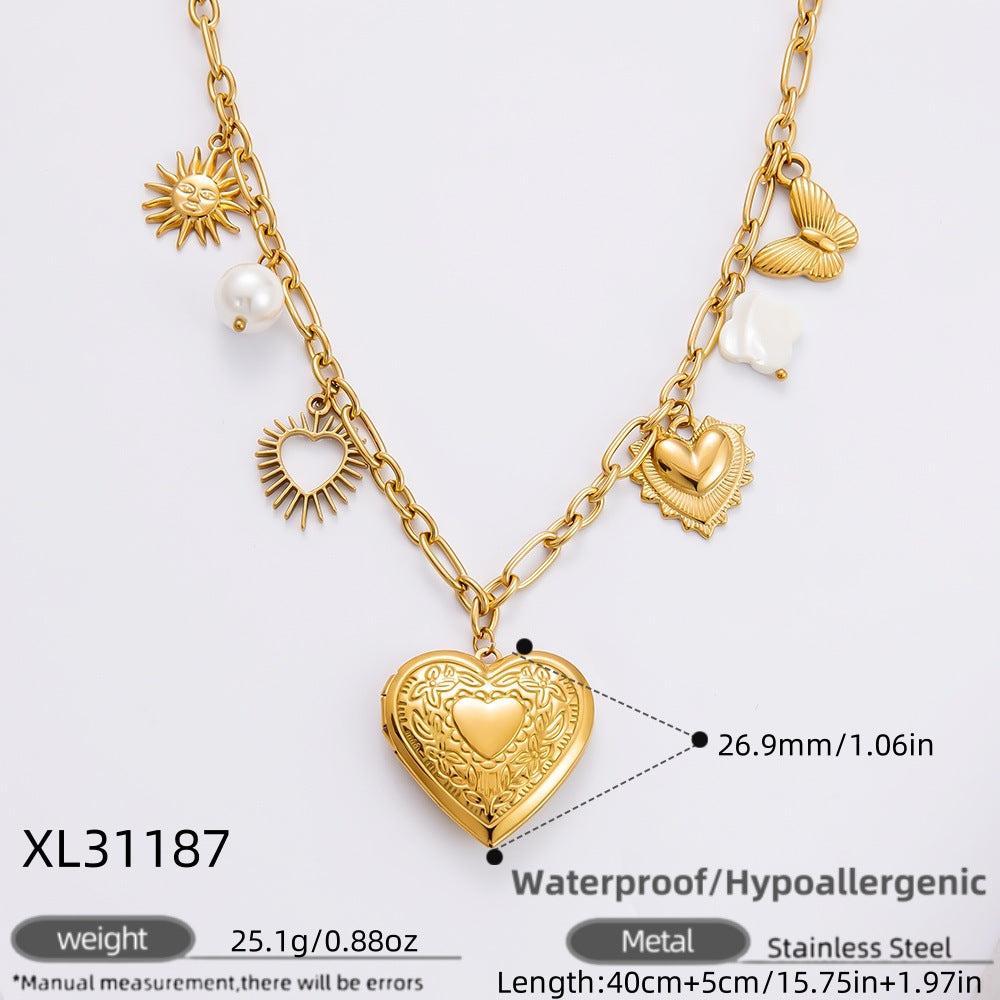 Collar con colgante de acero de titanio chapado en forma de corazón con lazo y ojo de diablo de estilo clásico, joyería al por mayor 