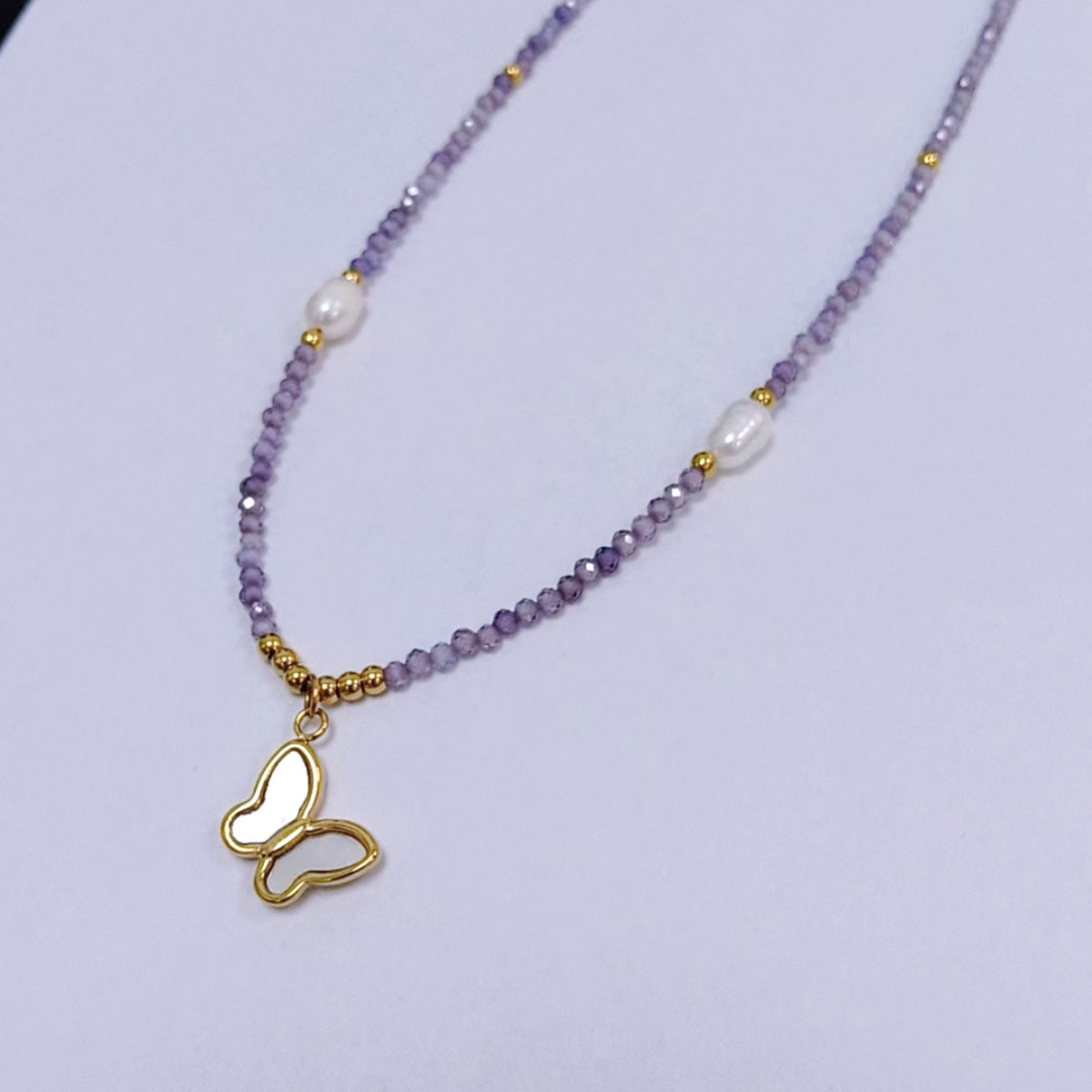Collar de acero de titanio con cuentas de piedra natural de color morado mixto, cadena de clavícula apilada para mujer 